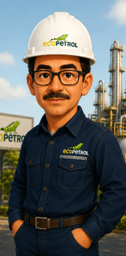 Ilustración de Miguel Ángel con el uniforme de Ecopetrol frente a la refinería